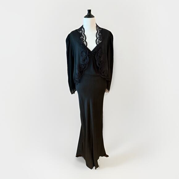 VTG Nightgown Bed Jacket Silk Peignoir Set 70s Bergdorf Goodman Black Lace S/M - Picture 1 of 16